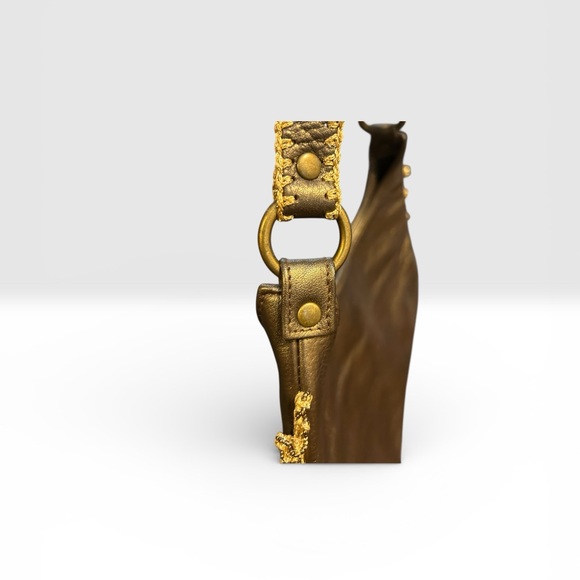 Vintage Rare Isabella Fiore Gold Leather Satchel Shoulder Bag  with Beaded Trim - Picture 6 of 7